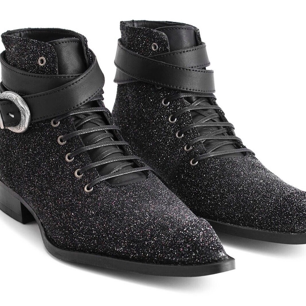 John Fluevog Black Glitter Lace-Up Ankle Boots with Buckle Strap